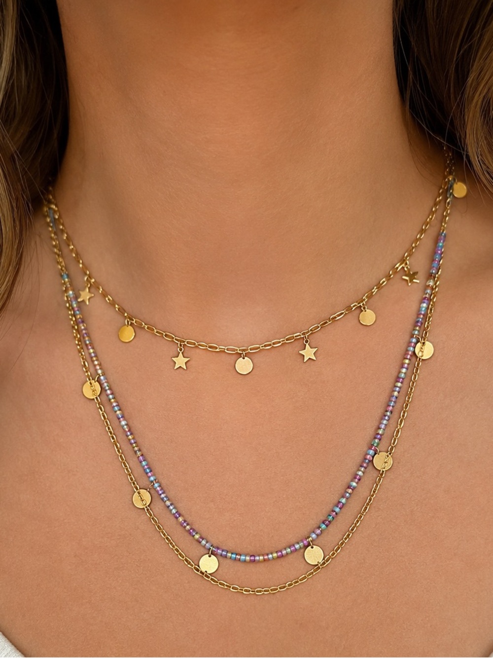 Rebecca Minkoff Celestial Star Layered Necklace 14K Gold Medallion Charms NEW